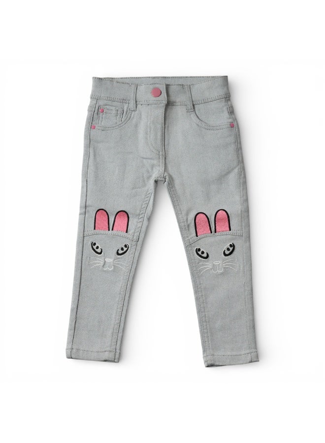 MARWAN Girls Cotton Stretch Long Pants with Embroidered Bunny Design & Adjustable Waist - Image 1